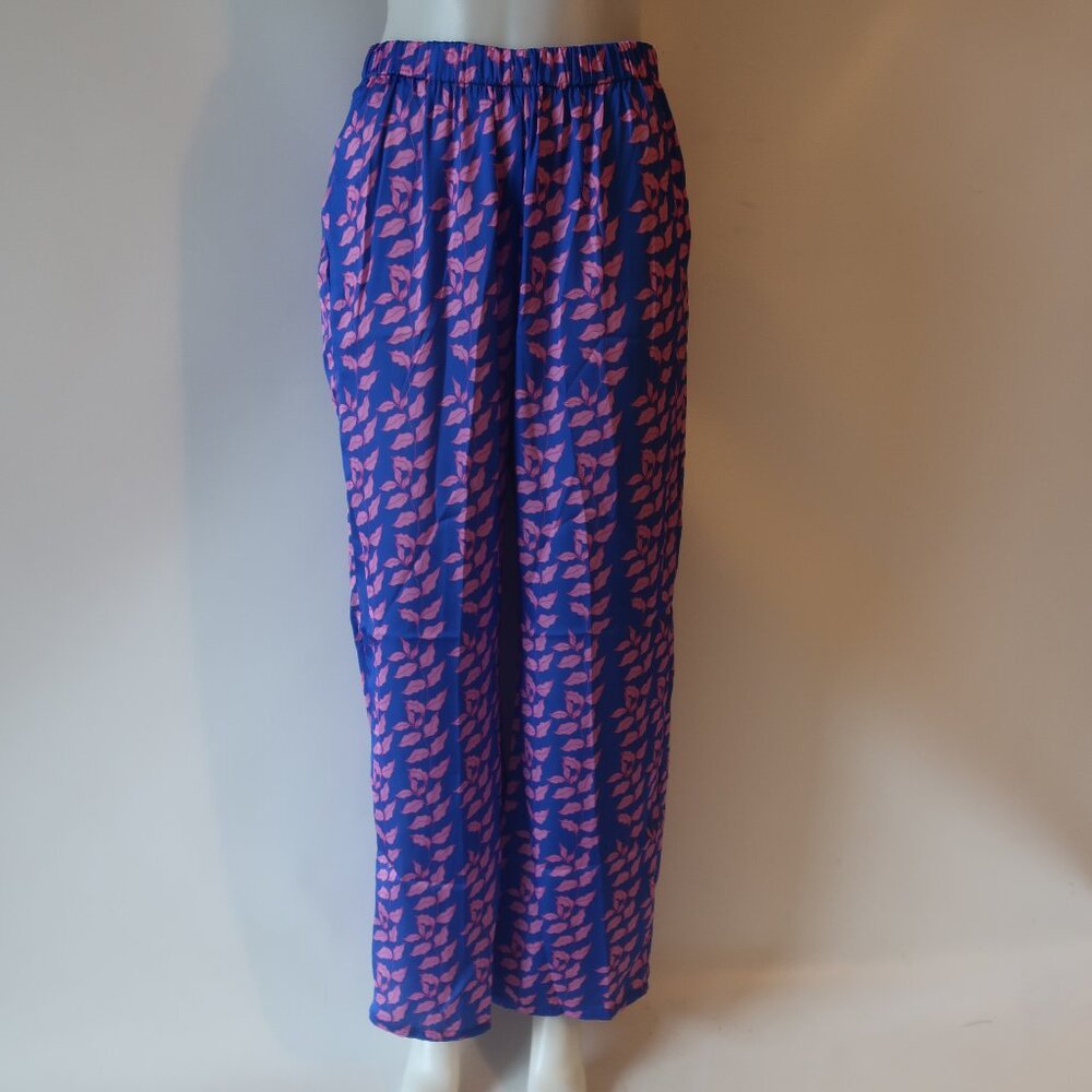 NWT Women Bululu Blue Pink Leaf Satin Aruba Pants S *